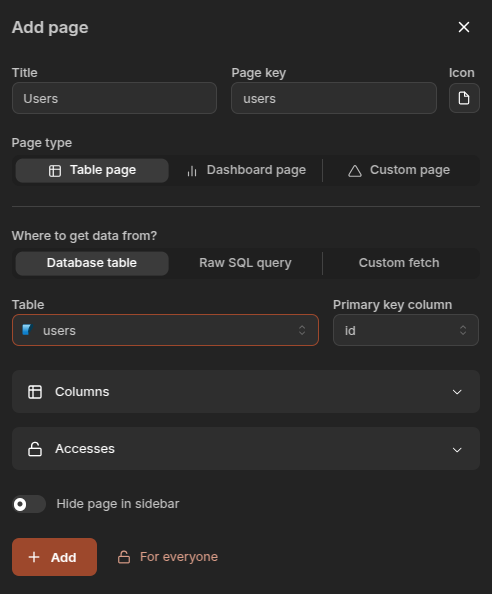 Screenshot of creating users table
