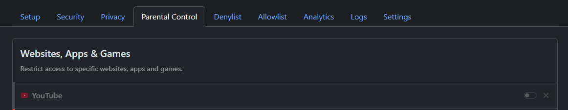 Screenshot of NextDNS parental control tabs showing YouTube added to list.