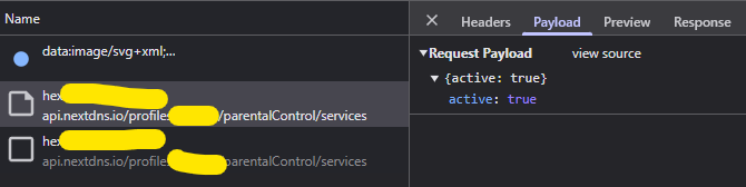 Screenshot of browser inspector panel showing fetch requests from enabling and disabling YouTube filter.