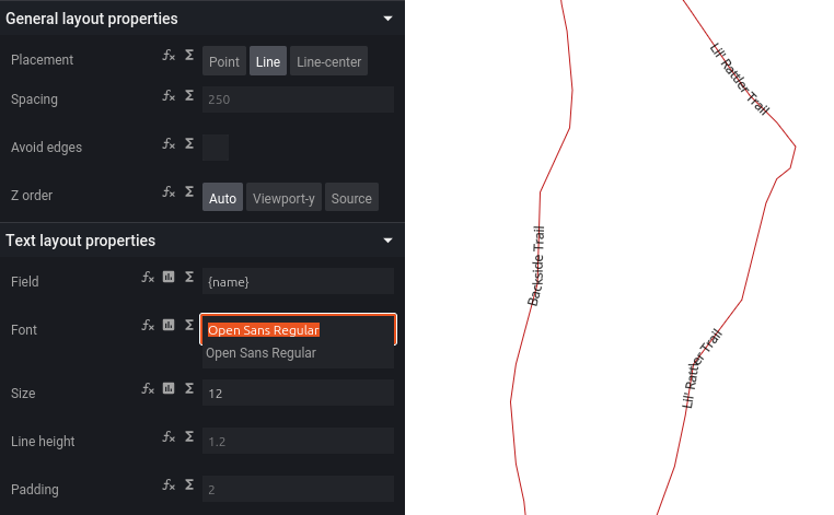 Screenshot of using Open Sans font in the layer configuration.