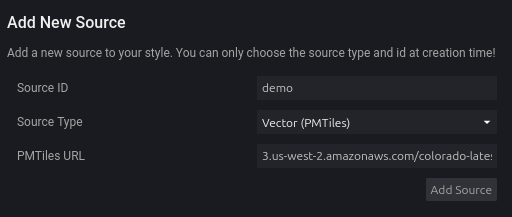 Screenshot of using pmtiles file url as a Vector (PMTiles) map source in maputnik.