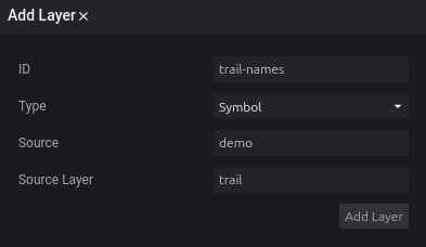 Screenshot of using a symbol layer to add trail names to the map.